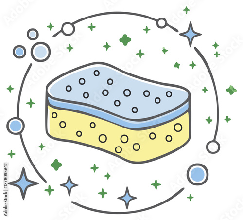 Colorful cartoon dishwashing sponge icon surrounded by sparkling stars and soap bubbles