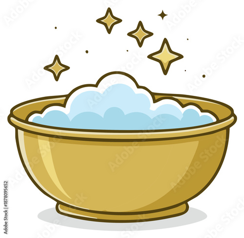 Sparkling golden bowl with clean foam and soap suds vector illustration