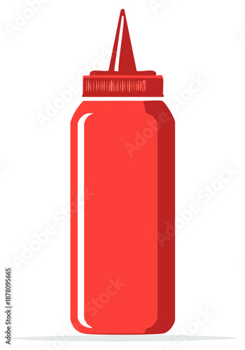 Red sauce bottle isolated flat vector cartoon design, tall red container, food condiment, culinary ingredient, flavorful dip in container