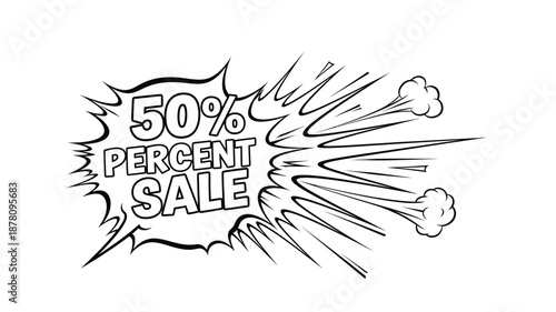 A striking black and white illustration of a fifty percent sale promotion with dynamic lines