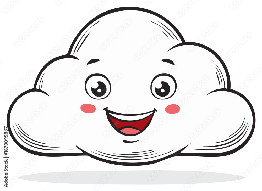 Fototapeta premium Cute smiling cartoon cloud character with a happy face. Cheerful floating weather mascot vector illustration.