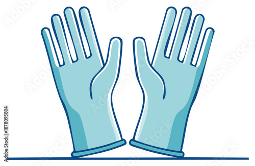 Pair of light blue protective rubber gloves standing upright, cartoon style illustration