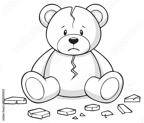 Broken Teddy Bear Toy with Sad Expression and Scattered Bricks, Representing Loss or Damage, in Black and White