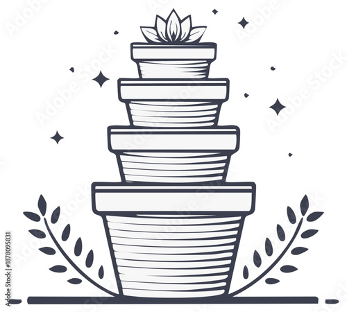 Minimalist stack of plant pots with a stylized succulent and decorative foliage illustration