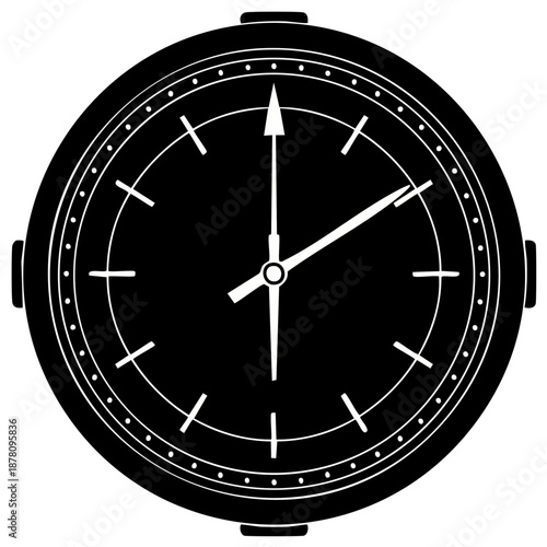Graphic rendering of a classic round wristwatch with hands indicating time, featuring a black and white color scheme.