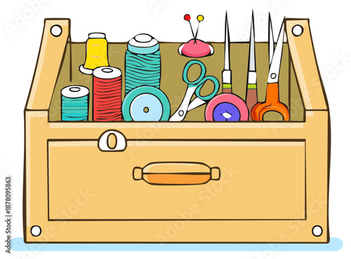 Sewing Kit in Wooden Box with Thread Spools, Scissors, Pins, and Needles