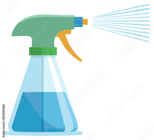 Plastic spray bottle spraying a fine mist of water or cleaning solution vector illustration