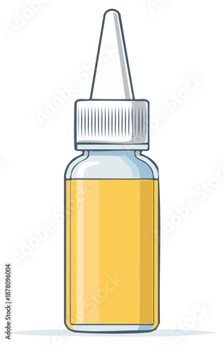Small glass bottle with a nozzle applicator filled with yellow liquid or oil vector illustration