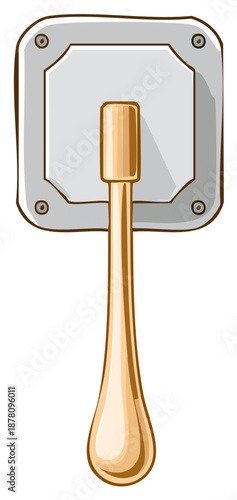 Cartoon illustration of a golden mechanical lever switch on a metal plate