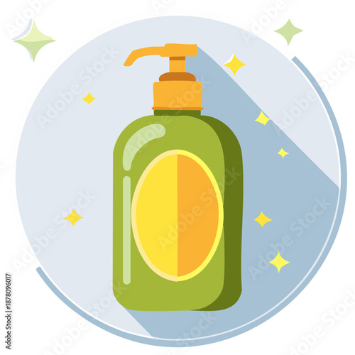 Cartoon style hand soap dispenser with decorative stars, simple design, hygiene illustration.