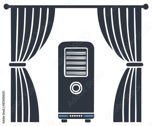 Modern home climate control unit between open window curtains. Indoor air conditioning and purification vector icon.