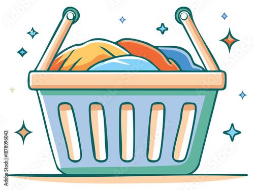 Cartoon laundry basket full of clean colorful clothes sparkling fresh illustration