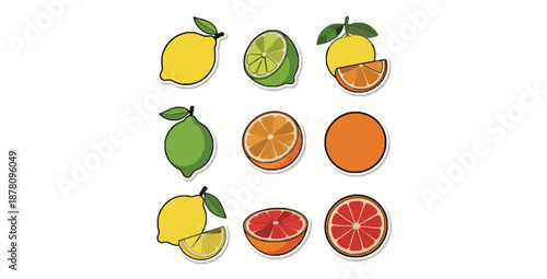 Funny citrus fruit sticker vector illustration set