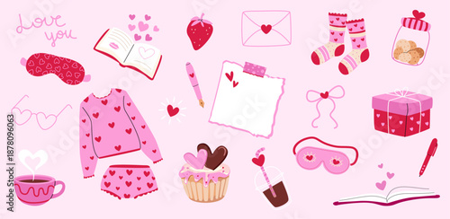 Vector set for Valentine's Day. Romantic notes, strawberries, holiday socks, pajamas with hearts, coffee, sleep mask, sweets, love letters, gifts. Pink background