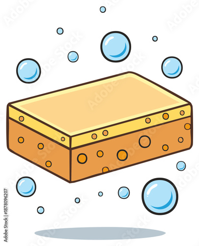 Cartoonish Image of Sponge and Bubbles for Cleaning, Hygiene and Bathing Needs