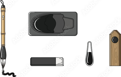 Traditional chinese calligraphy set featuring bamboo brush inkstone and solid ink stick with liquid ink dropper equipment