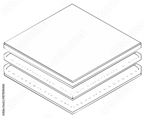 Isometric line art illustration of stacked mattress layers showing bedding materials and internal structure