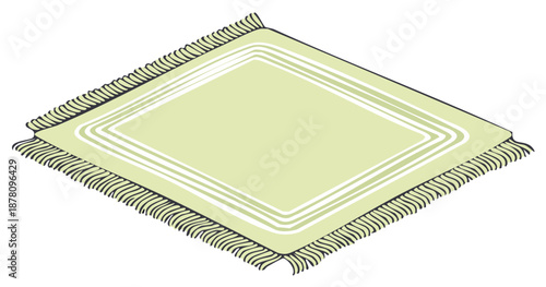Square Green Rug: Illustrated Decorative Design with Fringe Details and White Stripes