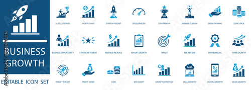  Business Growth and Success Icon Set. featuring startup rocket, profit chart, financial strategy, and achievement concepts for corporate presentations.