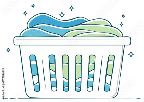 Clean Laundry Basket Filled With Freshly Washed Blue and Green Clothes Sparkling Clean
