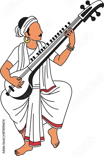 Traditional Indian musician playing veena ancient stringed instrument folk art style isolated transparent background for cultural design