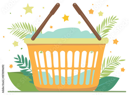 Shopping basket filled with fresh water surrounded by tropical leaves and sparkling stars vector illustration