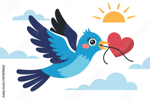 A cartoon blue bird flying with a heart in its beak under a sunny sky with clouds