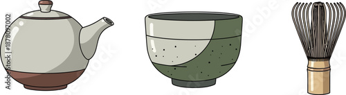 Traditional japanese tea ceremony objects including teapot bowl and bamboo whisk illustration set
