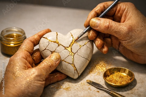 Kintsugi Heart Restoration: Delicate hands carefully repair a broken heart-shaped object, mending its fractured surfaces with gold, symbolizing resilience and the beauty of imperfections.