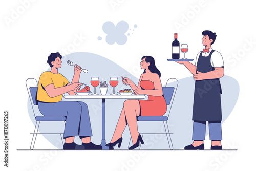 A couple enjoying a romantic dinner at a restaurant with a waiter serving wine