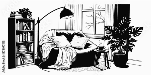 A minimalist reading nook featuring a lounge chair and a small stack of books beside it.