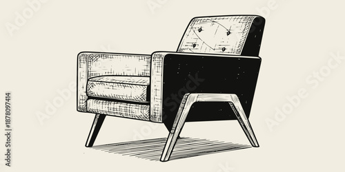 A mid-century modern armchair with iconic angled wooden legs and tufted back.