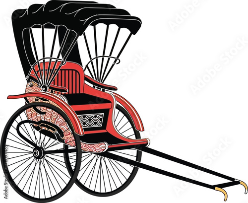 Traditional vintage japanese red and black rickshaw human-powered transport vehicle detailed vector illustration
