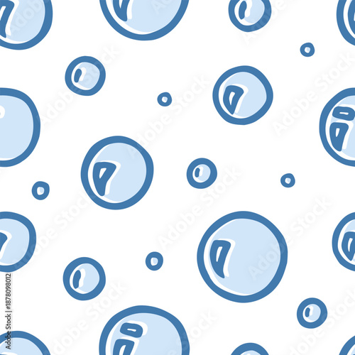 Different freehand drawn cartoon soap shampoo bath burst bubbles of different sizes with special volume effect made in kid childish style. Decorative frame. Vector illustration. 