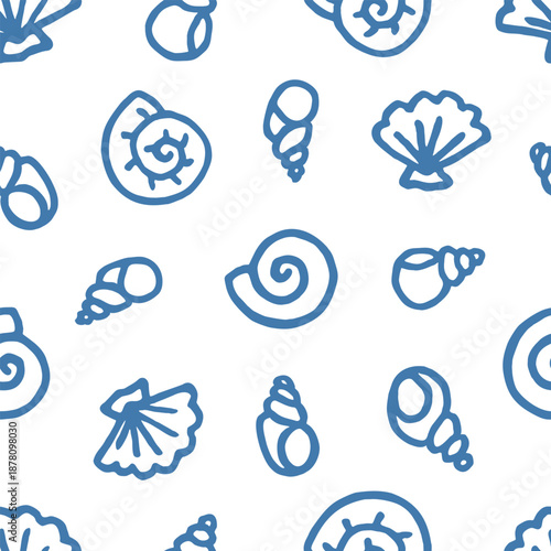 Freehand drawn cartoon sea ocean river shells of different shapes in kid childish style on white background. Marine oceanic water pattern. Vector seamless pattern.