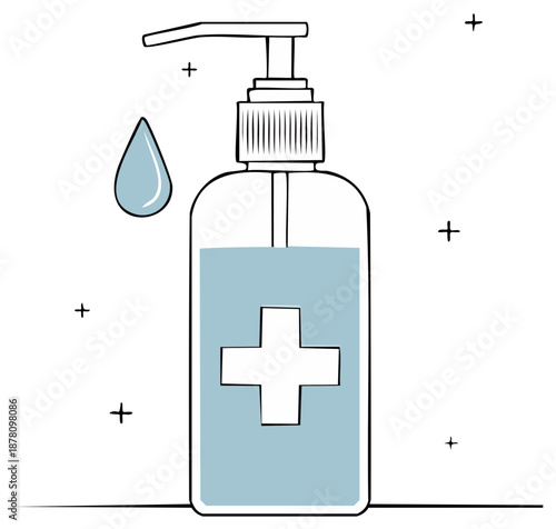 Hand Sanitizer Bottle with Droplet for Virus Prevention Hygiene Line Art
