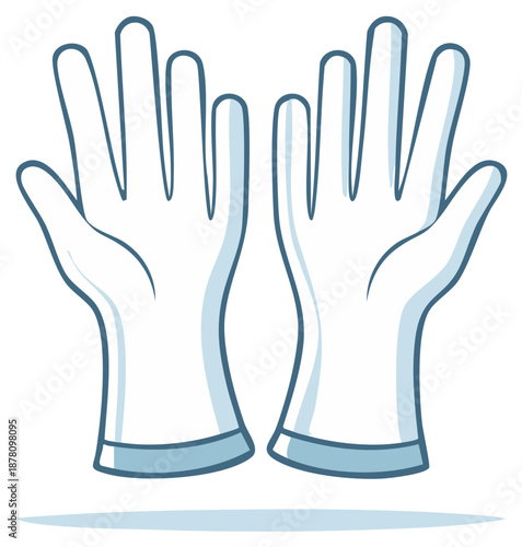 Cartoon illustration of two white protective gloves with blue outlines and cuffs.