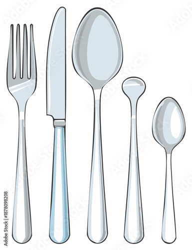 Shiny metallic kitchen silverware set vector illustration fork knife and various spoons
