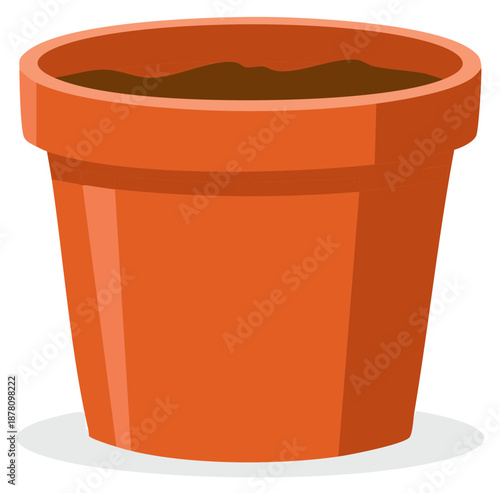 Vibrant vector illustration of a rustic orange plant pot filled with rich dark soil, ready for gardening.