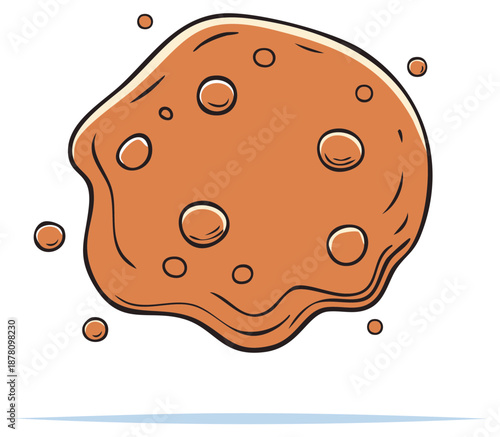 Isolated brown floating meteorite with craters in a comic book style illustration