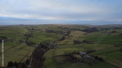 aerial view of the top of the Colden Valley showing the village of Colden and surrounding landscape near hebden Bridge in west yorkshire 