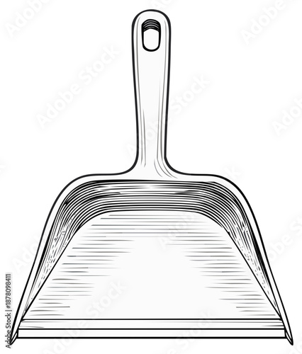 Monochrome dustpan cleaning tool in a detailed vintage line art engraving style illustration