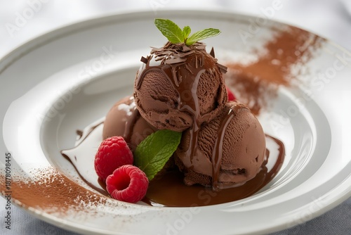 Gourmet Chocolate Ice Cream Scoops with Melting Sauce, Fresh Raspberries, and Mint Garnish on a White Plate