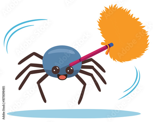 Cute cartoon spider character doing housework with a feather duster. Adorable insect cleaning mascot.