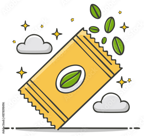 Herbal tea bag with falling tea leaves floating among stars and clouds cartoon style illustration