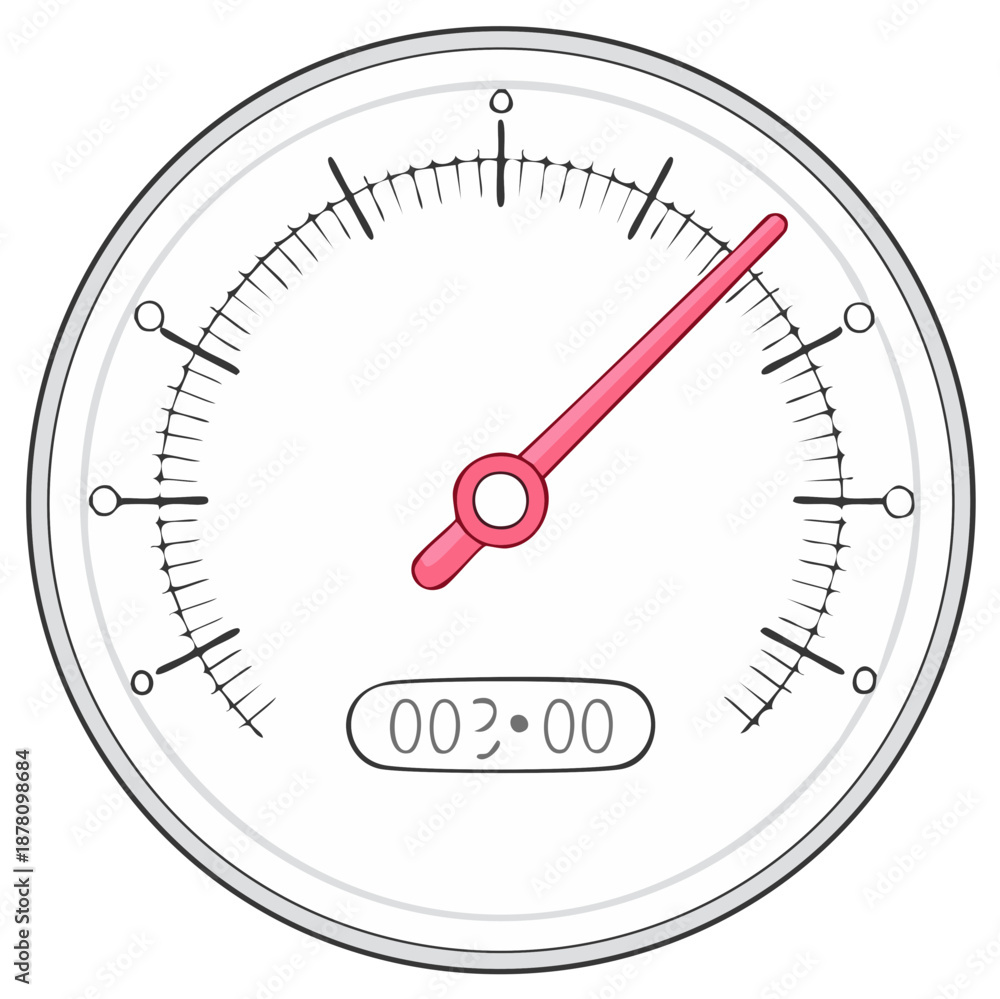 Fototapeta premium Cartoon style round meter with a red pointer and digital display showing numbers