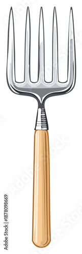 Illustrated five-tine garden fork with a rustic wooden handle, a traditional tool for digging and cultivating soil.