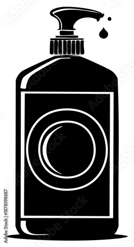 Stylized black and white liquid soap dispenser with a drop dripping from the spout