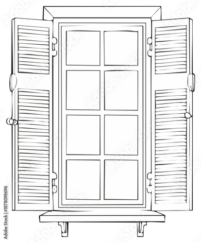 Open Louvered Shutters on a Six Paned Window Frame Sketch
