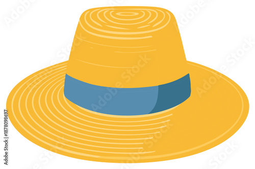 Light Yellow Summer Straw Hat With Blue Ribbon Around The Crown For Shade And Sun Protection